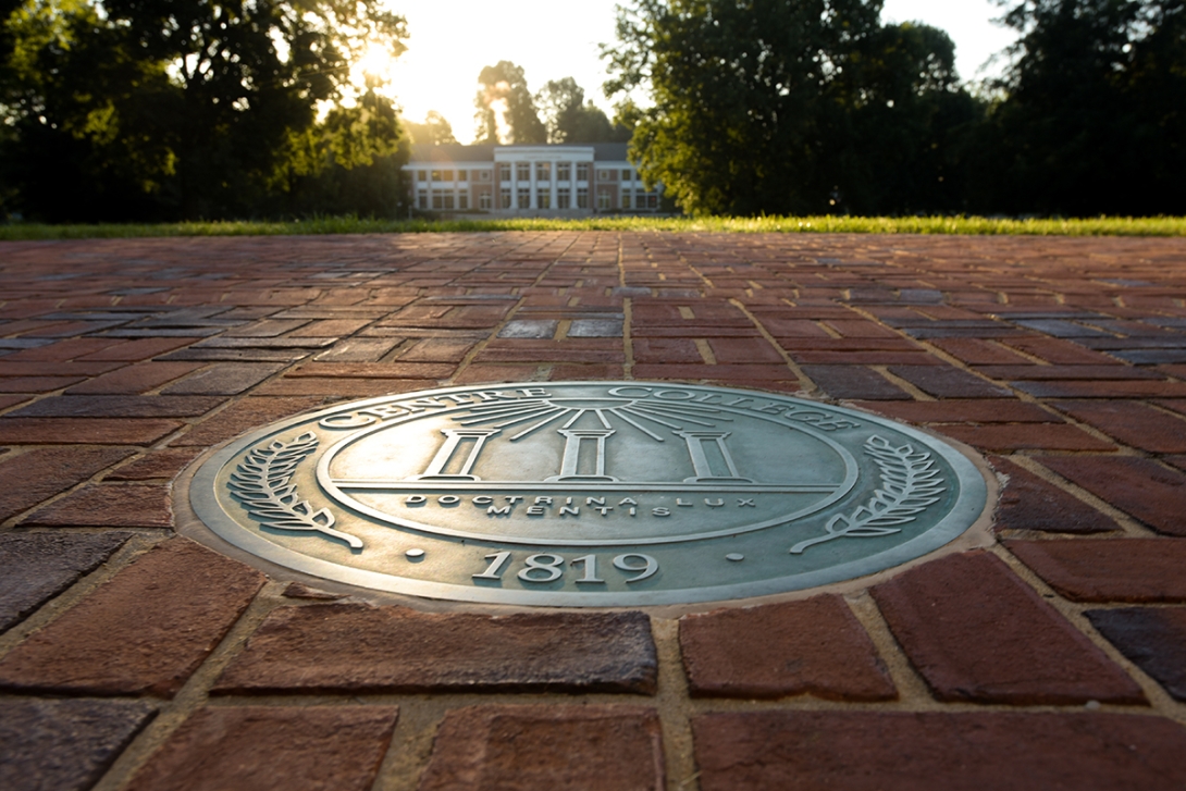 view of the Centre College seal located in front of Old Centre 