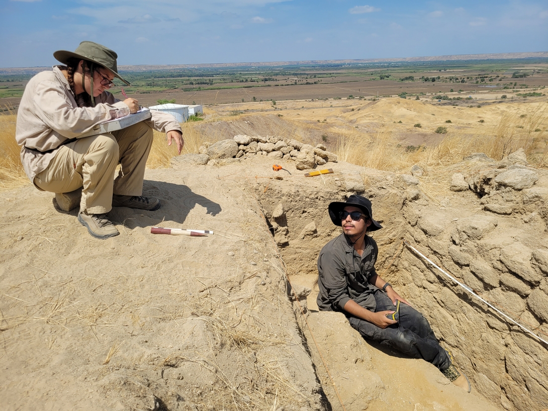 Students Ayiana Ognan (left) and Joseph Falcon (right) worked with professor Robyn Cutright on an archaeological dig in Peru during the Summer of 2023.