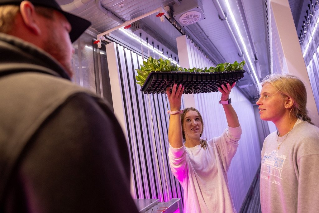 Centre College students RiLee Waggoner (left, class of 2024), Macey Dukes (center, class of 2024) and Abby Brainard (right, class of 2025) view the lettuce planted at the freight farm.