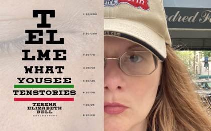 A composite image shows the cover of the book "Tell Me What You See" on the left and the face of a woman wearing glasses and a baseball cap on the right.