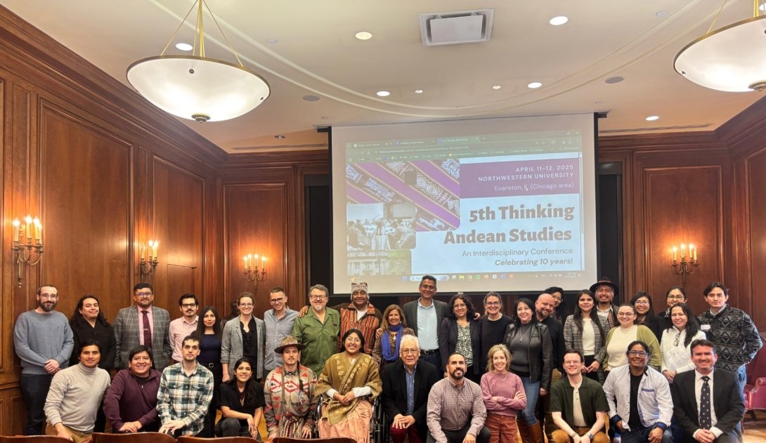 The presenters of the Thinking Andean Studies research conference smile for a photo. In the group is Vale Wiñay Quispe.