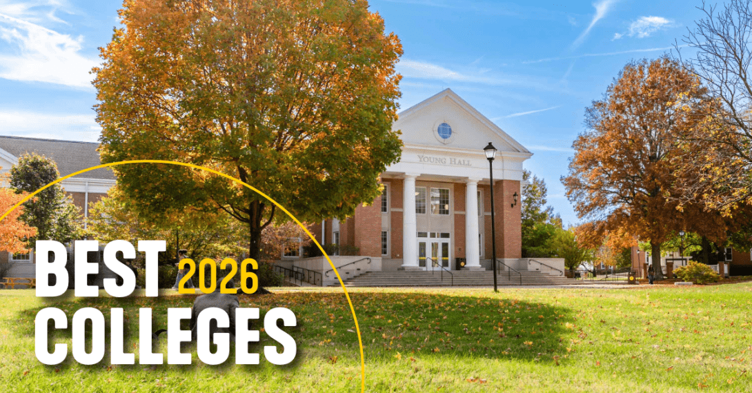 A view of Young Hall in fall with the text "Best Colleges 2026" on top.