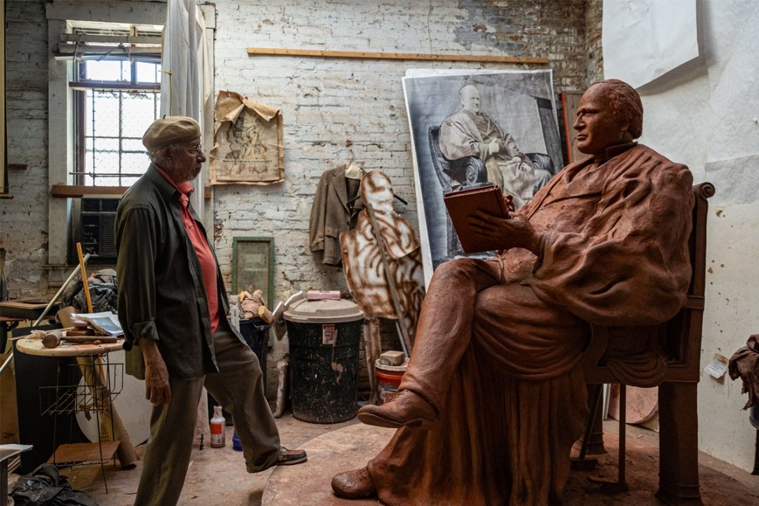 Ed Hamilton with Harlan statue in his studio