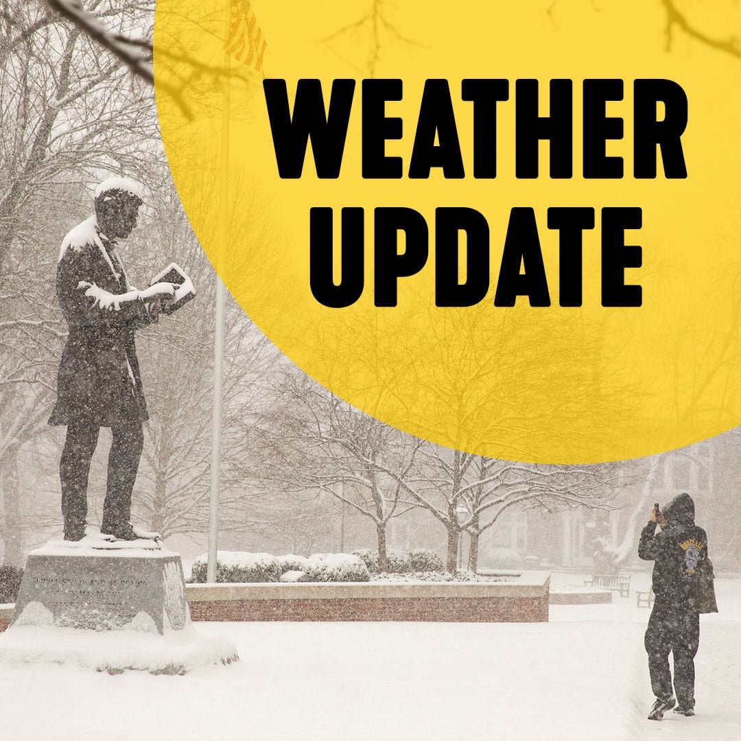 An image of a snowy campus includes the phrase "Weather Update." 