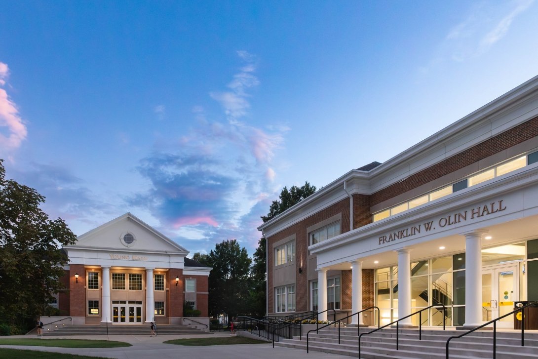 Young Hall and Olin Hall as seen at twilight on the campus of Centre College. 